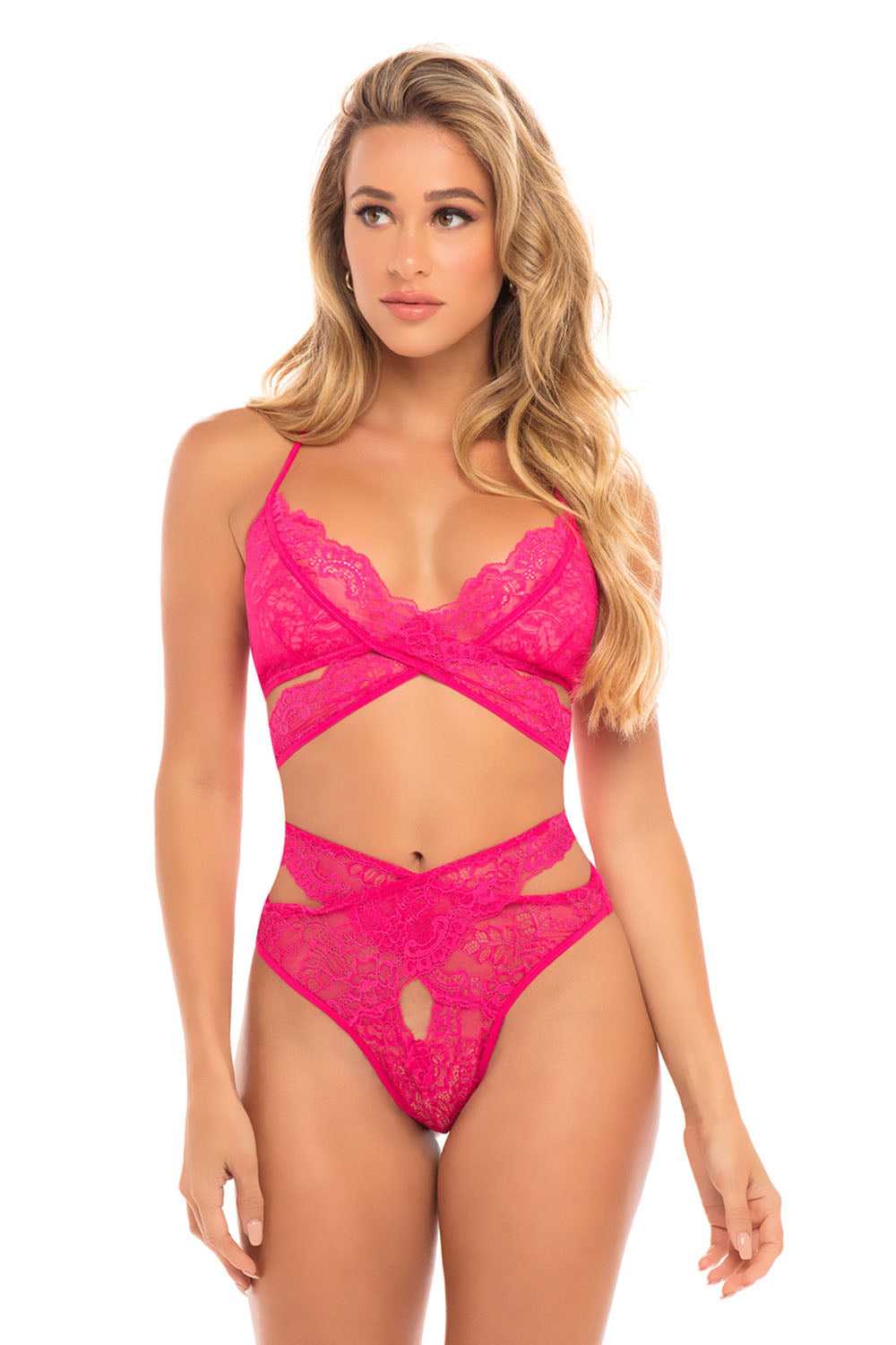Cut Out Galloon Lace Bra Set - Bright Rose - L/xl Luxe Ember Essentials