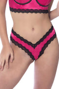 Satin Front High Leg Panty With Lace Edges and Mesh Back - Hot Pink - Small Luxe Ember Essentials