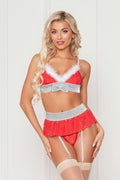 3 Pc Rhinestone Stud Bra With Marabou Trim and Garter Belt With Mesh Thong - One Size - Red Luxe Ember Essentials